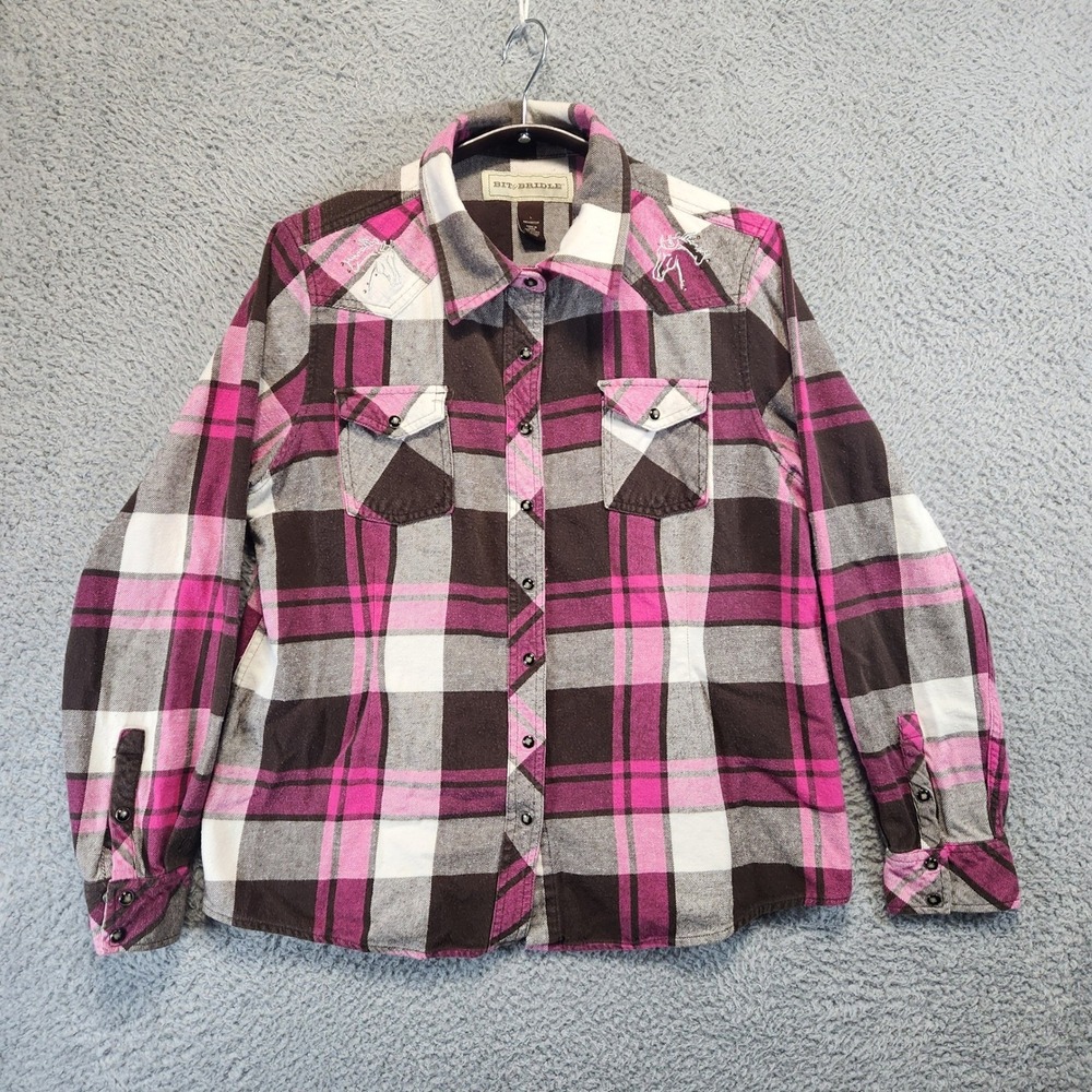 Bit & Bridle Plaid Flannel Snap Shirt Women's Size L Horse Embroidery‎ Western